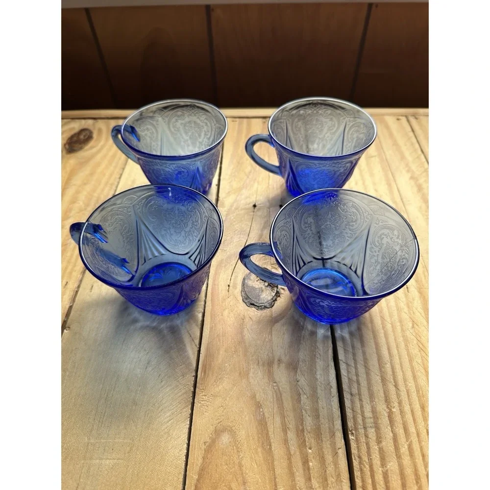 Vintage Depression Hazel Atlas Royal‎ Lace Cobalt Blue Cup Set Of 4
